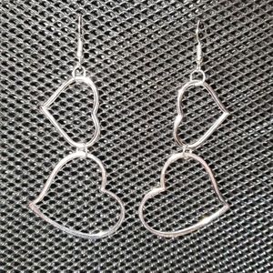 Silver double heart dangle earrings